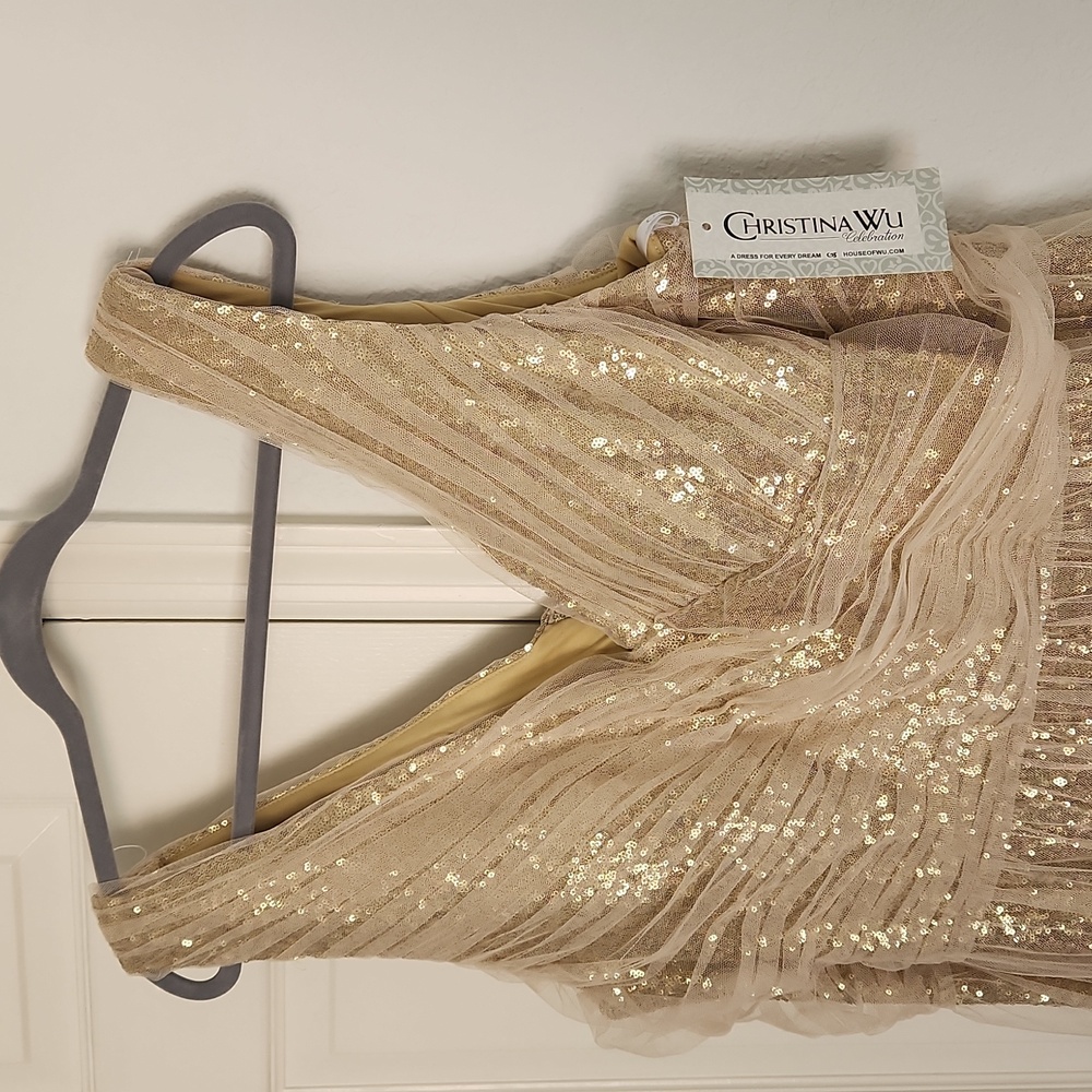 ✨️NWT Christina Wu Style 22754 Champagne Tulle Gold Sequin Dress Sz 28